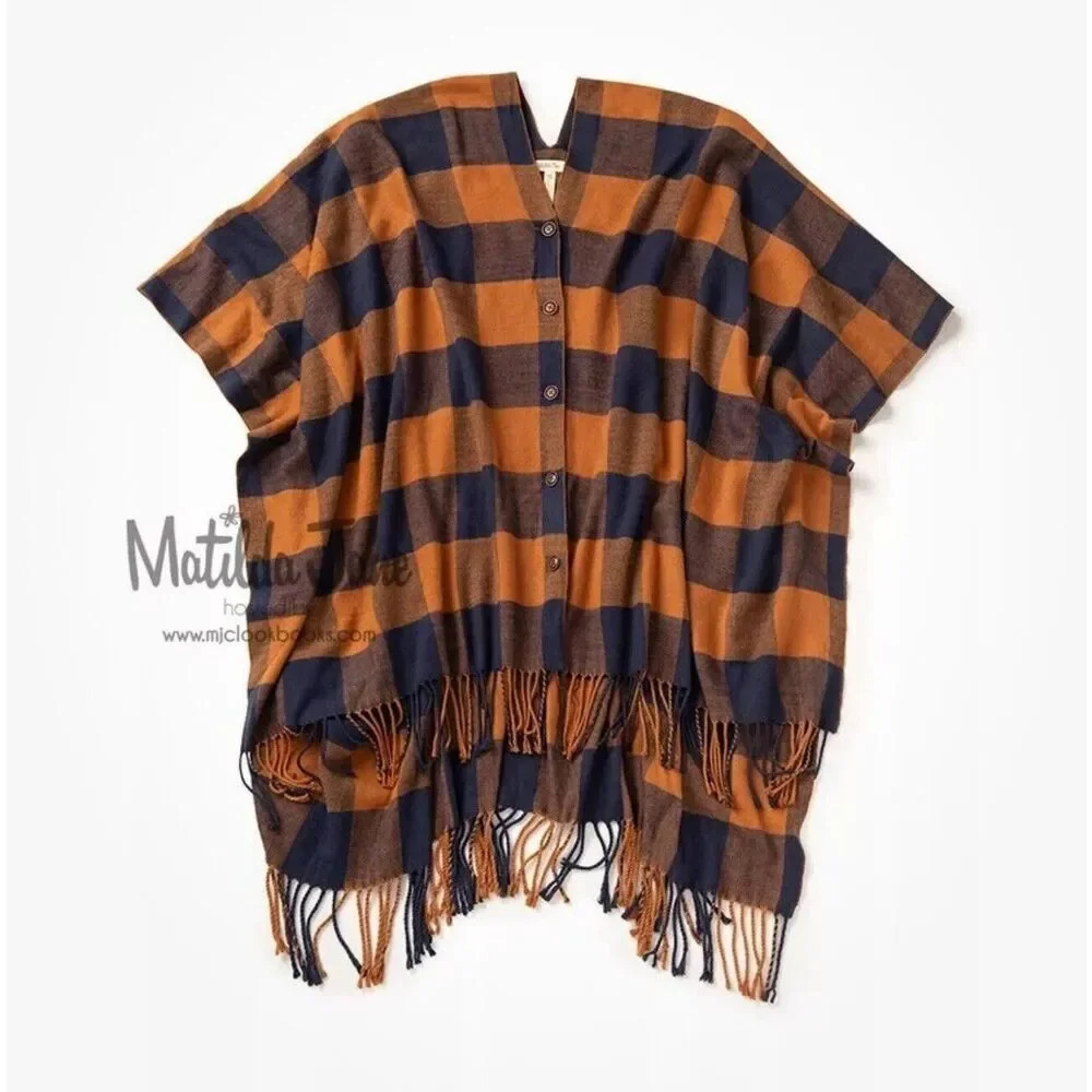 Matilda Jane Womens Buffalo Plaid Button Front Fringed Poncho Navy‎ Orange OS